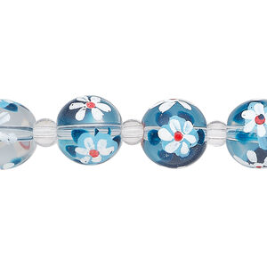 Bead, glass 1pkg8, multicolored, 12mm round with hand-painted flower.