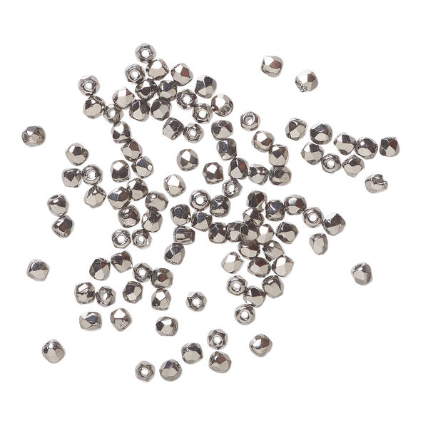 Bead 1pkg100, fire-polished, metallic grey glass, opaque clear, 2mm faceted round. image number 0