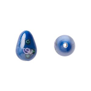 Bead, Czech lampworked glass, opaque blue / pink / green, 12x8mm-13x9mm teardrop with flower design. Sold per pkg of 4.