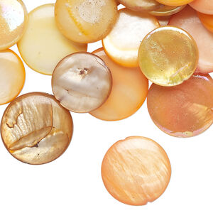 Mother-of-pearl shell 1pkg4oz, puffed flat round bead mix multi-orange 13-16mm