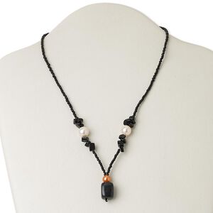 Blackstone / glass / "pewter" (zinc-based alloy) 1pkg1, silver finish / antique gold finish necklace 17 inch dangle 1 inch lobster claw clasp