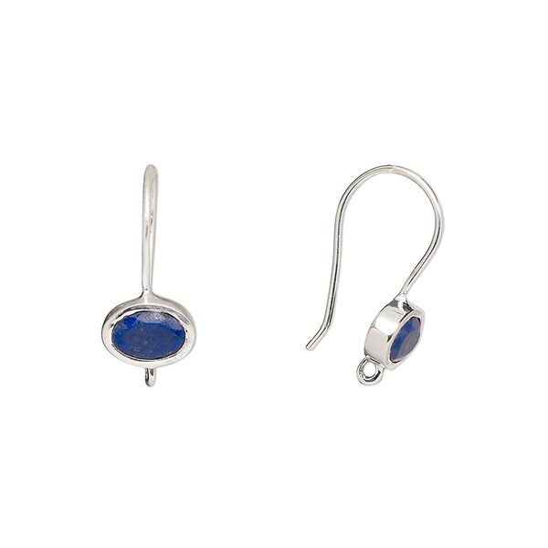 Ear wire fishhook 1pkg2 sterling silver / lapis lazuli (natural), 15.5mm / 7.5x5.5mm oval / hand-cut / closed loop, 22 gauge 1 pair image number 0