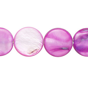 Mother-of-pearl shell 1pkg1, puffed flat round bead 15 inch fuchsia 14-15mm