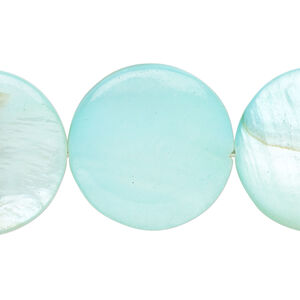 Mother-of-pearl shell 1pkg1, puffed flat round bead 15 inch aqua blue 24-25mm