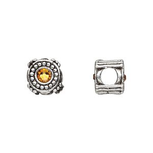 Bead 1pkg1 silver-plated pewter, 10mm round / 2sided, golden topaz yellow crystal / antique Dione&reg;