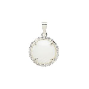 Pendant, glass rhinestone / mother-of-pearl shell / silver-finished brass 1pkg, clear and white, 15mm single-sided round.