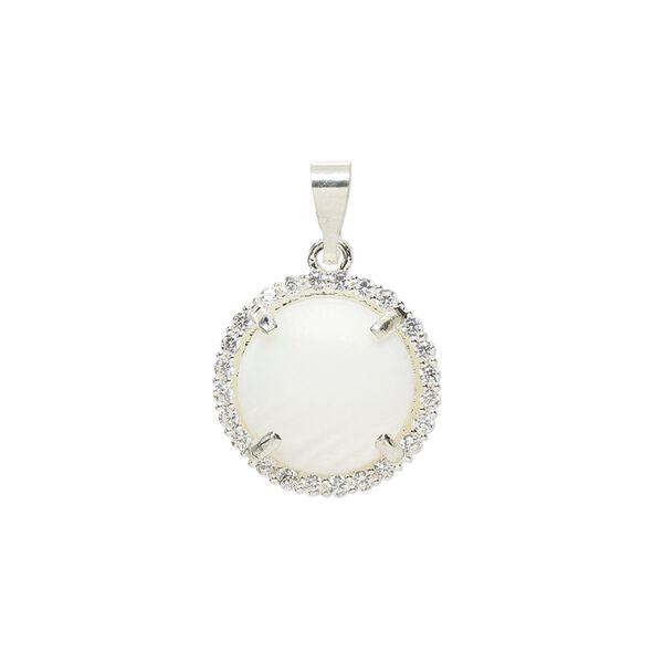 Pendant, glass rhinestone / mother-of-pearl shell / silver-finished brass 1pkg, clear and white, 15mm single-sided round. image number 0