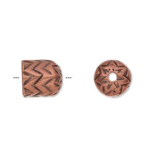 Cord end 1pkg1 copper-plated pewter, 11x10mm round tube / zigzag design / 7.5mm inside diameter, antiqued