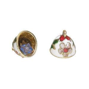 Bell, cloisonn&eacute; 1pkg2, gold-finished brass and enamel, white and multicolored, 12x10mm bell with flower and bead clapper.