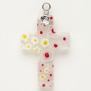Focal 1pkg1 silver-finished steel and millefiori glass, translucent and transparent multicolored, 33x23mm-35x24mm cross.