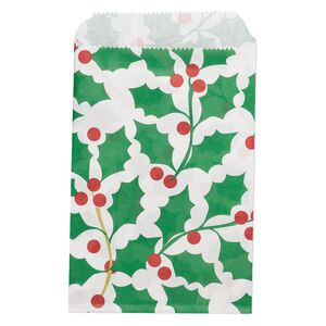 Bag, paper 1pkg100, green / red / white, 6x4 inches with holly design and scalloped top edge.