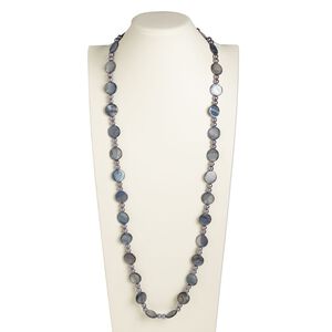 Necklace, glass pearl and mother-of-pearl shell (dyed) 1pkg1, blue-grey and grey, 20mm flat round and 8mm round, 44-inch continuous loop.