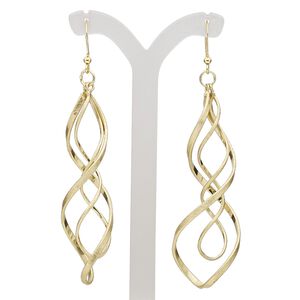 Earring, gold-finished brass and steel, 3 inches with scratched double helix and fishhook ear wire. Sold per pair.