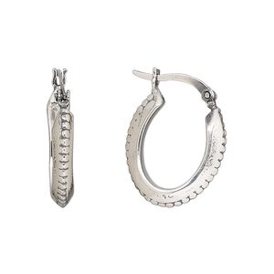 Earring, Create Compliments&reg;, antiqued fine silver, electroformed, 21mm beaded oval hoop with latch-back closure. Sold per pair.