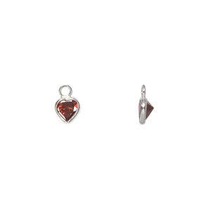 Drop, cubic zirconia and sterling silver, garnet red, 5.5mm faceted heart. Sold per pkg of 2.
