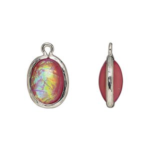 Drop, Opalized Ice&trade;, "opal" (resin) and imitation rhodium-finished brass, opaque light purple, 16x12mm double-sided oval. Sold per pkg of 4.