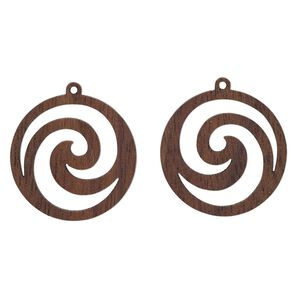 Drop, wood (natural), 25mm single-sided left- and right-facing flat round with cutout swirl design. Sold per pkg of 2.