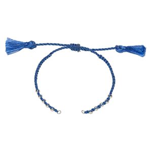 Bracelet component, nylon and silver-finished brass, blue, 9-3/4 inches with adjustable macram&eacute; closure and (2) 5mm open loops. Sold individually.