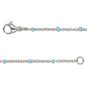 Chain 1pkg1 cable, 1.7mm flat / 2mm ball / lobster claw clasp, stainless steel / turquoise enamel 16 inch