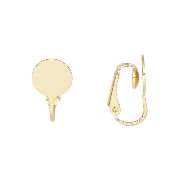 Earring clip-on 1pkg100 gold-plated, 18mm  hinged / 10mm round flat pad, steel 50 pair image number 0