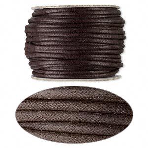 Cord, waxed cotton, brown, 3mm round. Sold per 25-yard pkg.