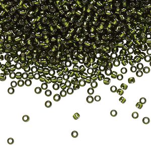 Seed bead, TOHO BEADS&reg;, glass, pkg/50g, #11 round, transparent silver-lined olivine (TR-11-37).