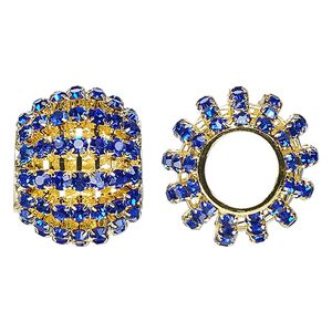 Bead 1pkg1 gold-finished, 25x20mm barrel / 3mm chatons, brass / cobalt blue rhinestone