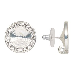 Earstud 1pkg2 Almost Instant Jewelry&reg; "pewter" (zinc-based alloy) / cubic zirconia, 19mm round / 12mm rivoli glue-in setting / closed hidden loop / comfort clutch, silver-finished / clear 1 pair