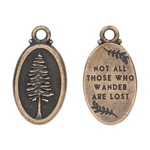 Charm, TierraCast&reg;, antique brass-plated pewter (tin-based alloy), 26x16mm 2-sided oval with redwood and "Not all those who wander are lost." Sold per pkg of 20.