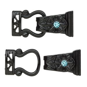 Clasp magnetic fold-over 1pkg2 "pewter" (zinc alloy), 29x13mm, black-finished / aqua blue rhinestone 2-strand