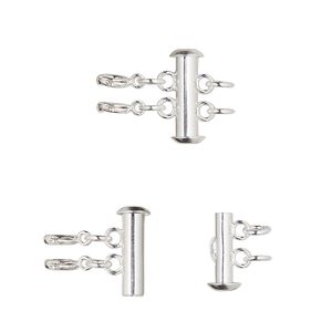 Clasp slide lock 1pkg10, 17x6mm round tube / 5mm jumpring / springring, silver-finished brass 2-strand