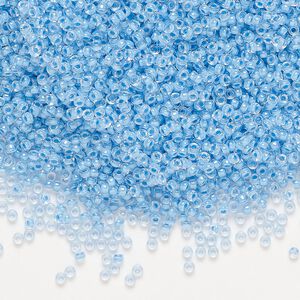 Seed bead, Miyuki, glass, pkg/35g, #15 rocaille, translucent sky blue-lined luster crystal clear (RR-221).