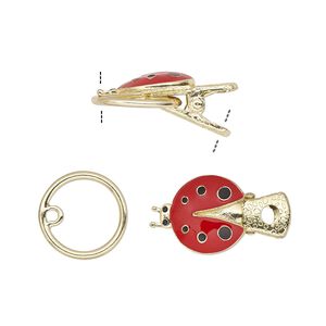 Clasp alligator clip 1pkg1 gold-finished "pewter" (zinc alloy), 21x17mm ladybug, steel / enamel red / black 1-strand