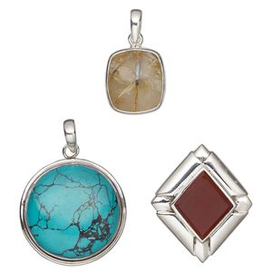 Pendant mix, multi-gemstone (natural / bleached / dyed / stabilized / heated / manmade) and sterling silver, multicolored, 36x25mm to 3x3-inch mixed shape. Sold per pkg of 3.