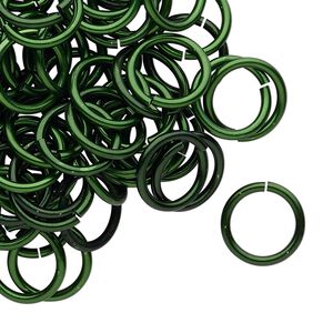Jump ring 1pkg100 aluminum, 12mm round, 15 gauge / 9.2mm inside diameter / dark green