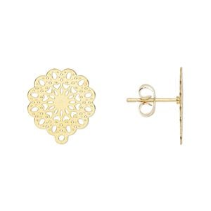 Earstud Lazer Lace&trade; 1pkg8, 14.5mm filigree mandala / closed loop / earnuts, gold-finished stainless steel 4 pair