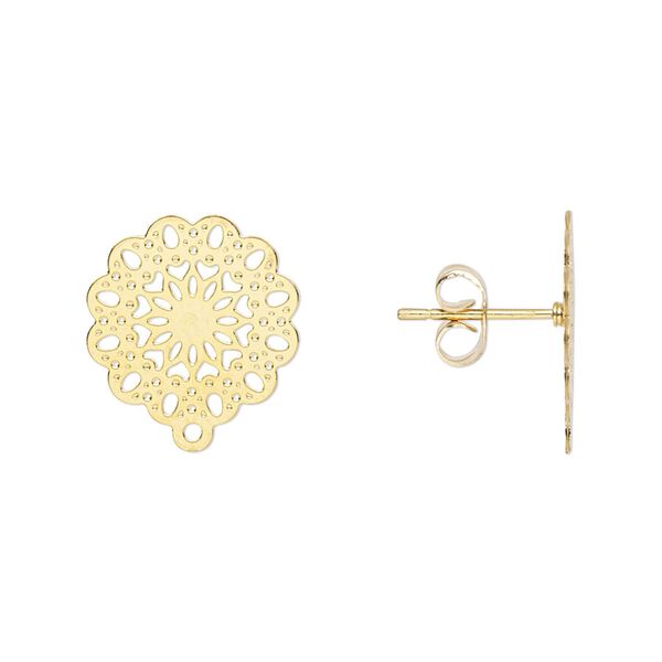 Earstud Lazer Lace&trade; 1pkg8, 14.5mm filigree mandala / closed loop / earnuts, gold-finished stainless steel 4 pair image number 0