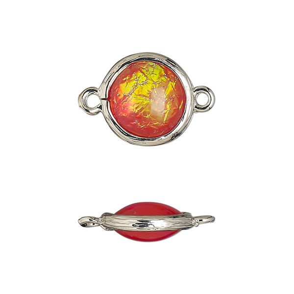 Link, Opalized Ice&trade;, "opal" (resin) and imitation rhodium-finished brass, opaque orange, 14mm double-sided round. Sold per pkg of 4. image number 0