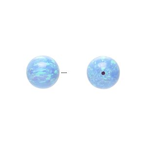 Bead, "opal" (silica and epoxy) (man-made), light blue, 10mm half-drilled round. Sold individually.