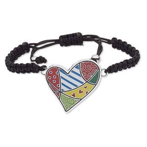 Bracelet, enamel / waxed cotton cord / stainless steel, multicolored, 36x36mm heart, adjustable from 6-8 inches with macram&eacute; knot closure. Sold individually.