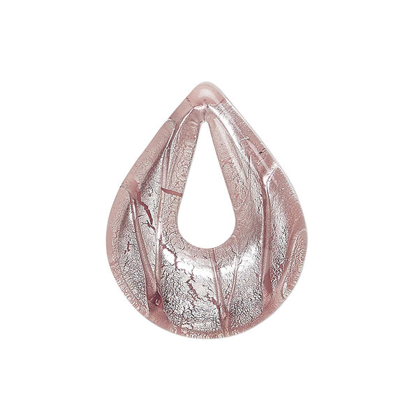 Drop, lampworked glass 1pkg1, translucent purple and clear with silver-colored foil, 27x21mm-28x21mm undrilled single-sided teardrop go-go. image number 0