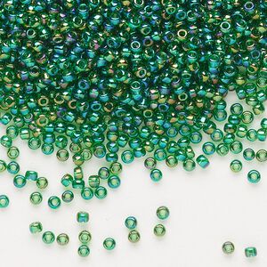 Seed bead, Dyna-Mites&trade;, glass, pkg/1/2kg, #11 round, translucent rainbow emerald green, (22R 11/0 RR).