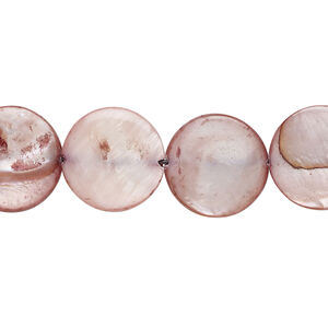 Mother-of-pearl shell 1pkg1, puffed flat round bead 15 inch taupe 13-14mm