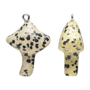 Drop 1pkg1, imitation rhodium-plated brass and dalmatian jasper (natural), 25x21.5mm hand-carved mushroom