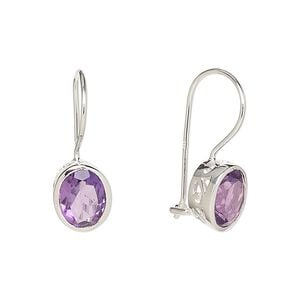 Earring, amethyst (natural) and sterling silver, 22mm with 9x7mm faceted oval and fishhook ear wire. Sold per pair.