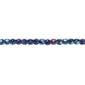 Bead, Czech fire-polished glass, iris blue, 3mm faceted round. Sold per pkg of 1,200 (1 mass).