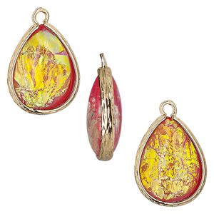 Drop, Opalized Ice&trade;, "opal" (resin) and gold-finished brass, orange, 19.5x15mm double-sided teardrop. Sold per pkg of 4.