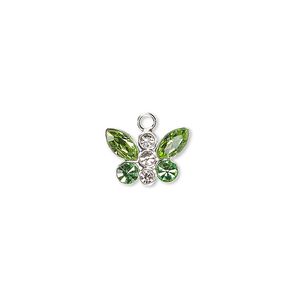 Charm, crystals and sterling silver, crystal clear and peridot, 12x8mm butterfly. Sold individually.