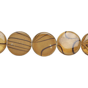 Mother-of-pearl shell 1pkg1, puffed flat round bead 15 inch brown and black 12-13mm