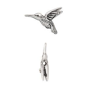 Bead, TierraCast&reg;, antique silver-plated pewter (tin-based alloy), 19x14mm 3D hummingbird. Sold per pkg of 20.